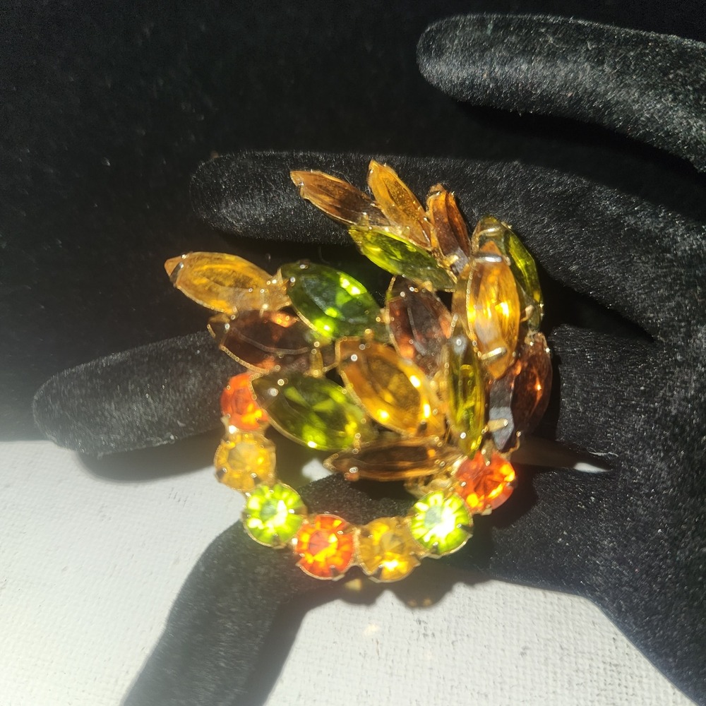 Vintage Amber Green Orange Rhinestone Layered Brooch Gold Tone Autumn Fall Jewel